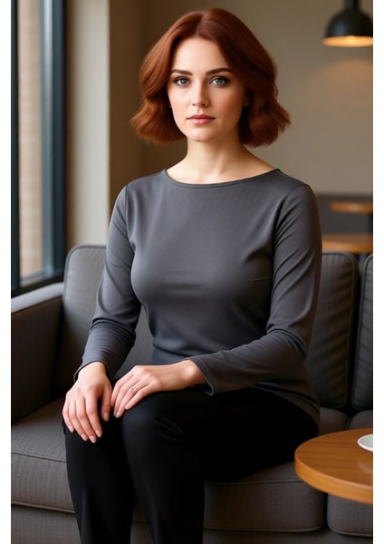 Kadın Pamuklu Esnek Kayık Yaka Uzun Kollu Üst Kaliteli Şık Rahat Modern Zarif Günlük