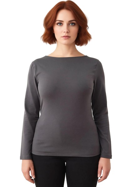 Kadın Pamuklu Esnek Kayık Yaka Uzun Kollu Üst Kaliteli Şık Rahat Modern Zarif Günlük fiyatları