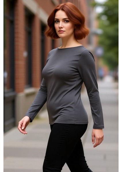 Kadın Pamuklu Esnek Kayık Yaka Uzun Kollu Üst Kaliteli Şık Rahat Modern Zarif Günlük fırsatları