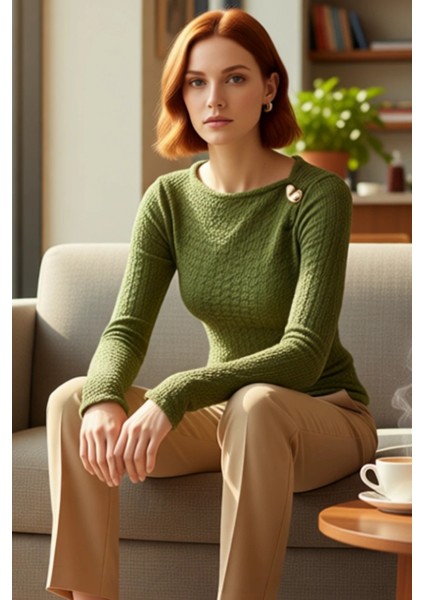 Kadın Uzun Kollu Fitted Dokulu Örme Üst Asimetrik Yaka Detaylı Kaliteli Şık Rahat Modern Zarif