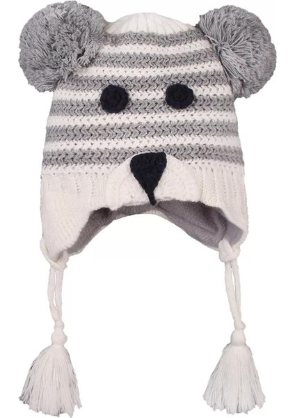 Erkek Bebek Çift Ponponlu Ayıcıklı Içi Polar Örgü Bere 0-18 Ay