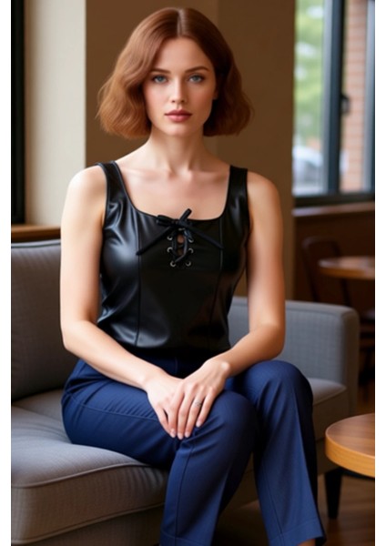 Kadınlar Için Kare Yaka Bağcıklı Suni Deri Kolsuz Bluz Kaliteli Şık Rahat Modern Zarif Günlük