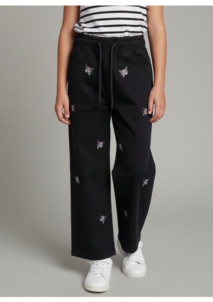 Kız Çocuk Küçük Kuromi Nakışlı Bel Lastikli Kot Pantolon