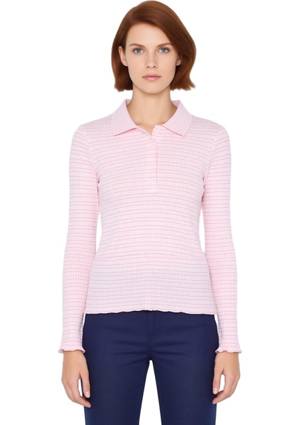 Kadın Vücuda Oturan Uzun Kollu Polo Yaka Jakarlı Örme Bluz Kaliteli Şık Rahat Modern Zarif