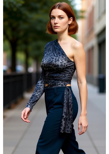 Rahat ve Şık Örme Crop Bluz Tek Kol Uzun Kollu Asimetrik Yaka Özenle Seçilmiş fırsatları