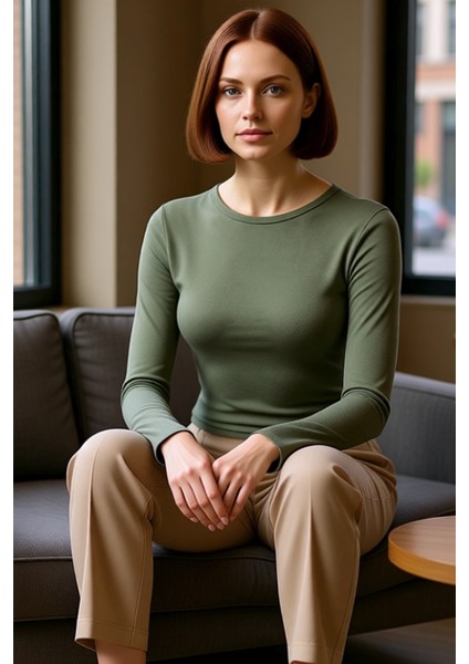 Kadın Moda Şık Üst Giyim Crop Bisiklet Yaka Slim Kalıp Örme Viskon Esnek Bluz