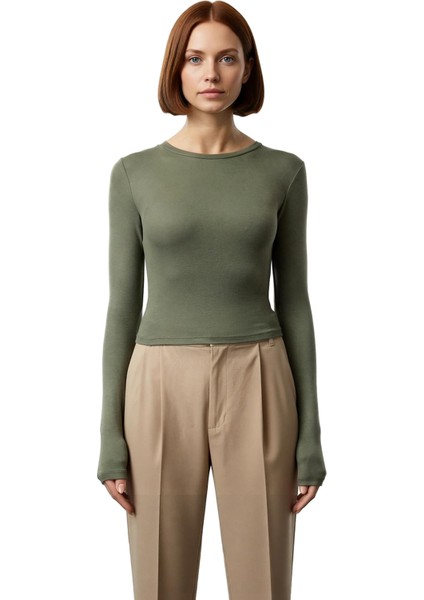 Kadın Moda Şık Üst Giyim Crop Bisiklet Yaka Slim Kalıp Örme Viskon Esnek Bluz fiyatları