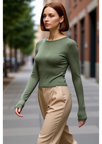 Kadın Moda Şık Üst Giyim Crop Bisiklet Yaka Slim Kalıp Örme Viskon Esnek Bluz fırsatları