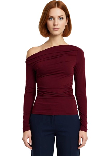 Kadın Regular Asimetrik Yaka Slim Kalıp Örme Büzgü Drape Fitted Vücuda Oturan Kollu Esnek Bluz fiyatları