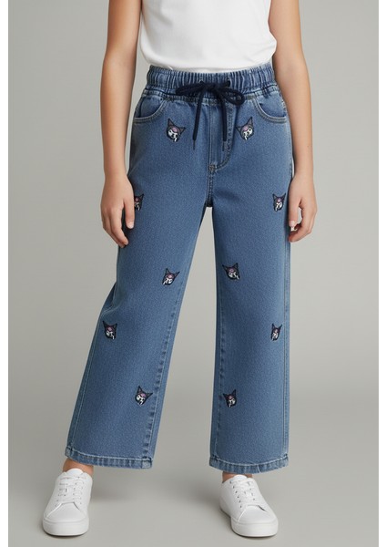 Kız Çocuk Küçük Kuromi Nakışlı Bel Lastikli Kot Pantolon