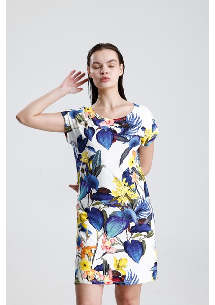 Likralı Viskon Mini Viskon Elbise | BLZ36387 Yaprak Desen