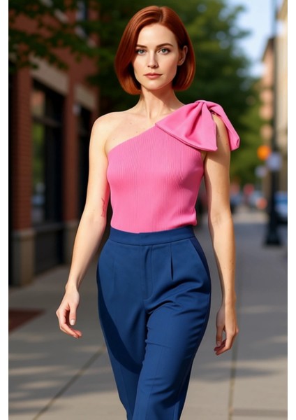 Kadınlar Için Tek Kol Fiyonklu Asimetrik Yaka Triko Üst Kaliteli Şık Rahat Modern Zarif Günlük modelleri