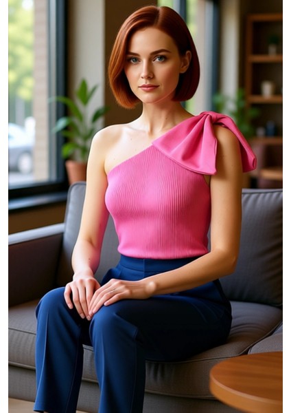 Kadınlar Için Tek Kol Fiyonklu Asimetrik Yaka Triko Üst Kaliteli Şık Rahat Modern Zarif Günlük fırsatları