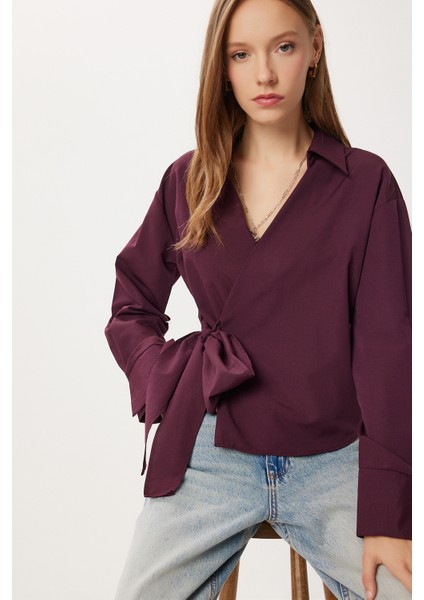 Gömlek Yaka Anvelop Poplin Bluz LZV0040 Mürdüm fiyatları