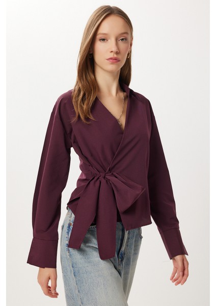 Gömlek Yaka Anvelop Poplin Bluz LZV0040 Mürdüm modelleri