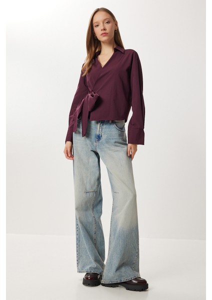 Gömlek Yaka Anvelop Poplin Bluz LZV0040 Mürdüm fırsatları