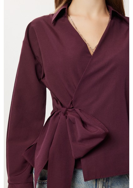 Gömlek Yaka Anvelop Poplin Bluz LZV0040 Mürdüm indirimleri