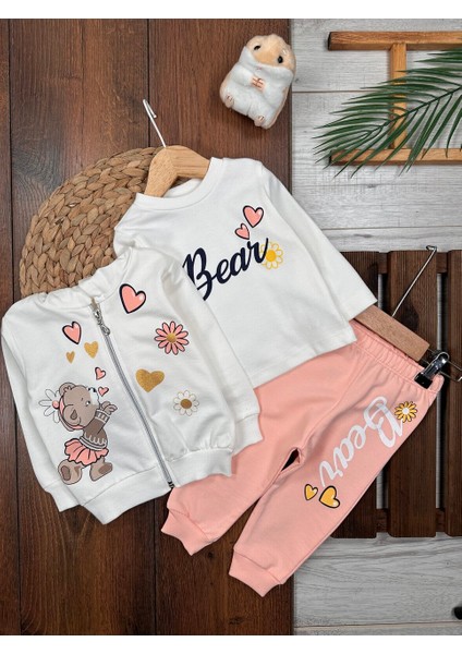 Pamuklu Hırkalı Fermuar Detaylı 3lu Kız Bebek Takım