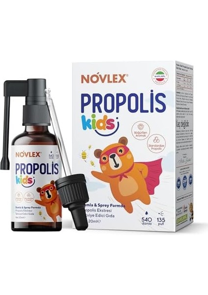 Novlex Propolis Kids Ekstrakt (Su Bazlı-Alkolsüz) Böğürtlen Aromalı Sprey & Damla (540 Damla) Takviye Edici Gıda 20ML