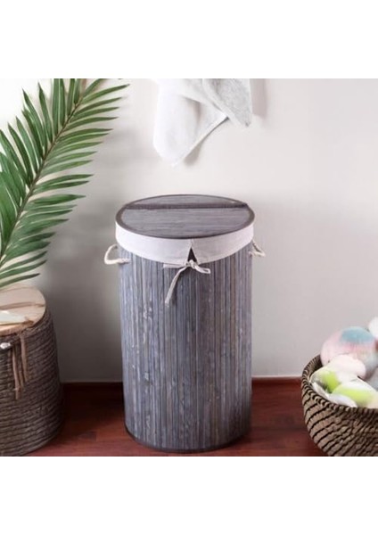 El Yapımı Hasır Katlanır Çamaşır Sepeti Yuvarlak 55 Litre (35CM*35CM*61CM), Malzemeden Üretilmiş Çamaşırlık (Gri) modelleri