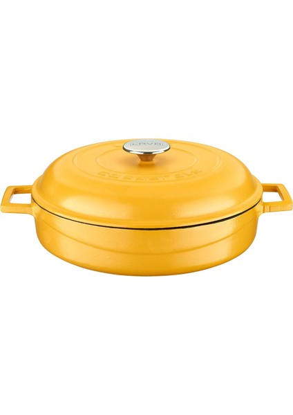 Metal Spring Serisi - Döküm Çok Amaçlı Tencere, Yuvarlak, 28 Cm, Mat, Parlak Siyah Taban, Sarı, Kubbe Kapak