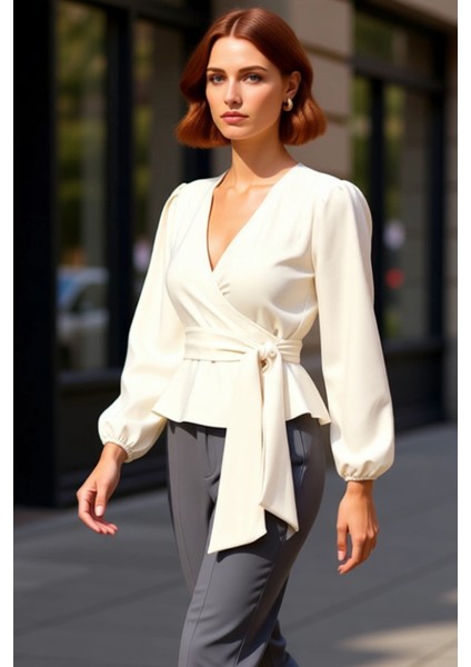 Kadın Kruvaze Bağlama Detaylı V Yaka Balon Kol Dokuma Bluz Kışlık Business Kullanım Için