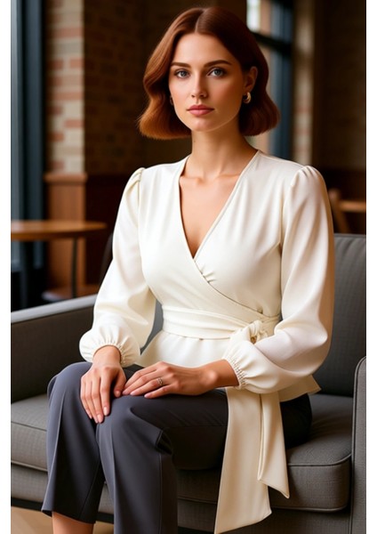 Kadın Kruvaze Bağlama Detaylı V Yaka Balon Kol Dokuma Bluz Kışlık Business Kullanım Için fiyatları