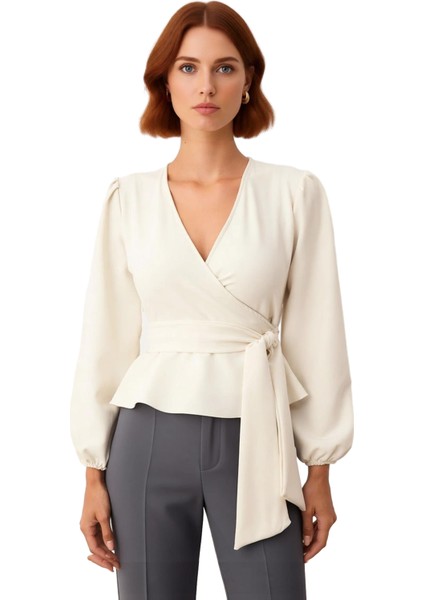 Kadın Kruvaze Bağlama Detaylı V Yaka Balon Kol Dokuma Bluz Kışlık Business Kullanım Için modelleri