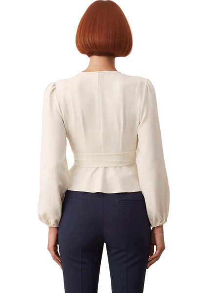 Kadın Kruvaze Bağlama Detaylı V Yaka Balon Kol Dokuma Bluz Kışlık Business Kullanım Için fırsatları