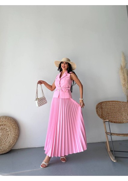 Kadın Kemerli Düğmeli Yelek Pileli Etek Takım Elbise indirimleri