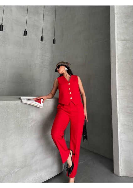 Kadın Alt Üst Takım Şık Taş Düğme Detaylı Premium Yelek Pantolon Ikili Takım Elbise