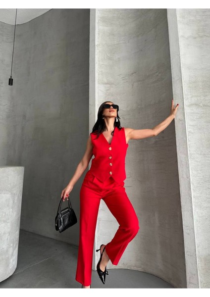 Kadın Alt Üst Takım Şık Taş Düğme Detaylı Premium Yelek Pantolon Ikili Takım Elbise fiyatları