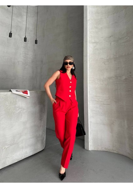 Kadın Alt Üst Takım Şık Taş Düğme Detaylı Premium Yelek Pantolon Ikili Takım Elbise indirimleri