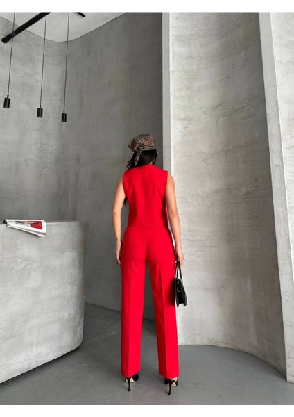 Kadın Alt Üst Takım Şık Taş Düğme Detaylı Premium Yelek Pantolon Ikili Takım Elbise