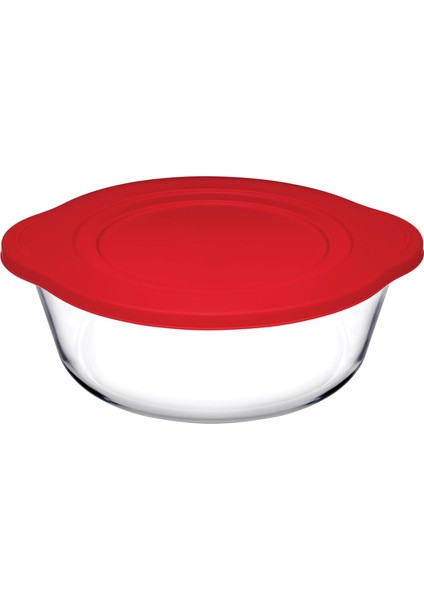 Plastik Kırmızı Kapaklı, Yuvarlak Şeffaf Fırın Kabı, 1.45 Litre