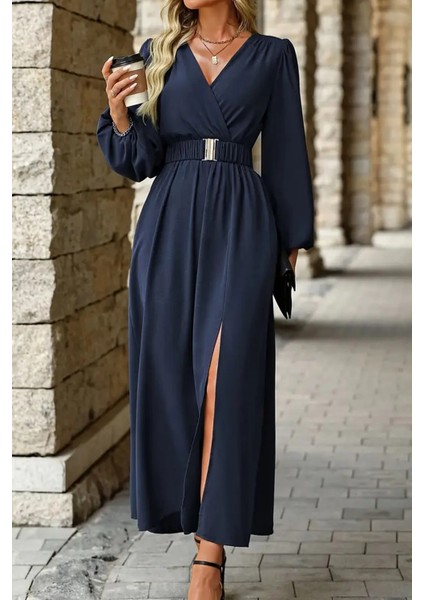 Lacivert Kruvaze Yaka Uzun Kollu Maxi Elbise Yırtmaç Detaylı Beli Kemerli Tokalı Abiye