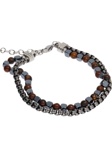 Erkek Zincir ve Kahverengi Boncuk Detay Çelik Bileklik