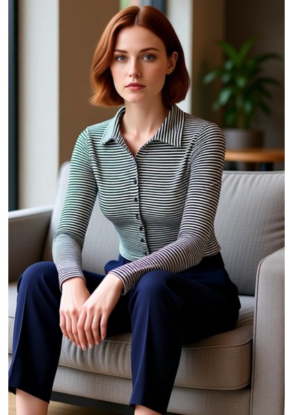 Kadın Şık Crop Gömlek Yaka Slim Kalıp Örme Vücuda Oturan Polo Yaka Fitilli Esnek Bluz