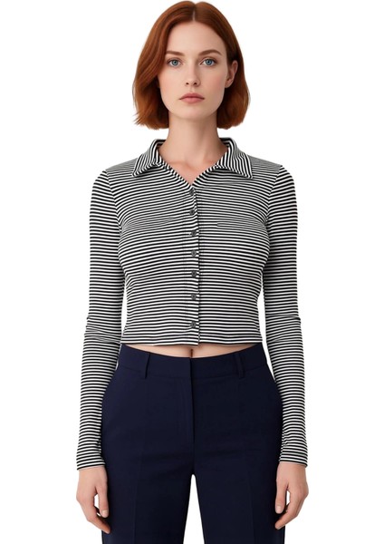 Kadın Şık Crop Gömlek Yaka Slim Kalıp Örme Vücuda Oturan Polo Yaka Fitilli Esnek Bluz fiyatları
