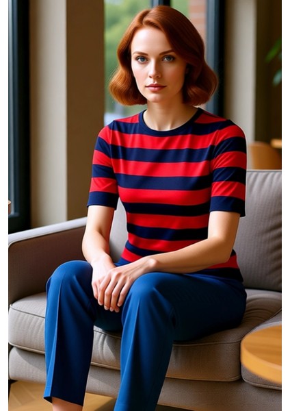 Moda Kare Yaka Triko Slim Çizgili Desen Casual Günlük Regular Kısa Kol Bluz