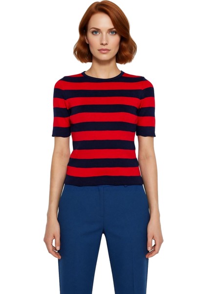 Moda Kare Yaka Triko Slim Çizgili Desen Casual Günlük Regular Kısa Kol Bluz fiyatları