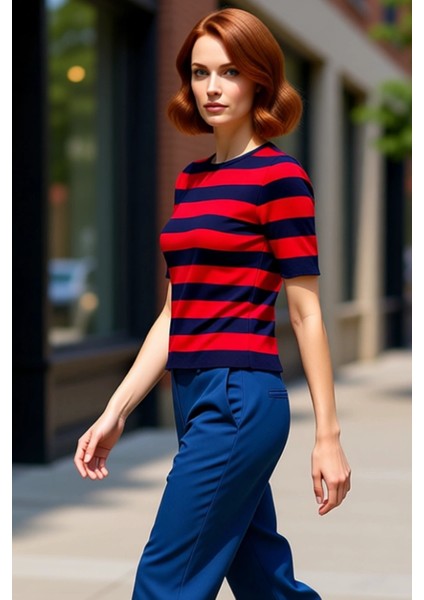 Moda Kare Yaka Triko Slim Çizgili Desen Casual Günlük Regular Kısa Kol Bluz fırsatları