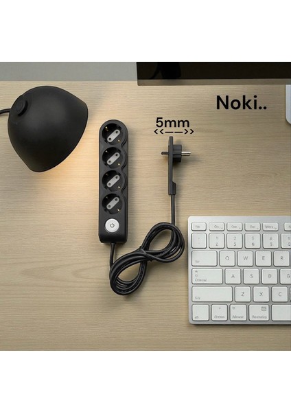 3 M 4’lü Düğmeli Ince Fişli Uzatma Kablosu – Dar Alan Uyumlu, Çocuk Korumalı, Siyah