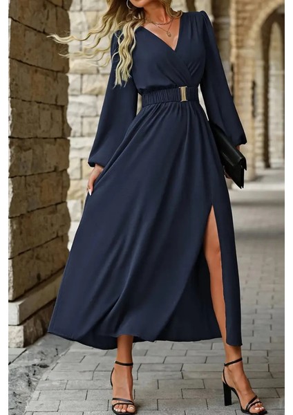 Lacivert Kruvaze Yaka Uzun Kollu Maxi Elbise Yırtmaç Detaylı Beli Kemerli Tokalı Abiye fırsatları