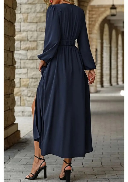 Lacivert Kruvaze Yaka Uzun Kollu Maxi Elbise Yırtmaç Detaylı Beli Kemerli Tokalı Abiye indirimleri