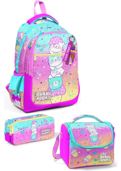 Pembe Renkli Dondurmalı Kedi Desenli 3’lü Okul Çanta Seti Kız Çocuk Ilköğretim Çantası