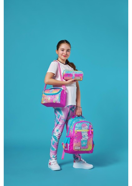 Pembe Renkli Dondurmalı Kedi Desenli 3’lü Okul Çanta Seti Kız Çocuk Ilköğretim Çantası fiyatları