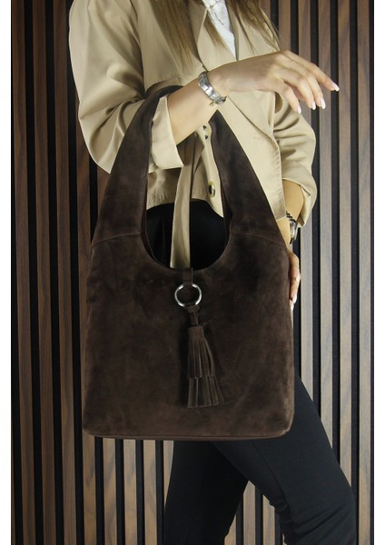 Kahve Hakiki Dana Süet Püsküllü Manyetik Kapaklı Orta Boy Günlük Omuz Çantası