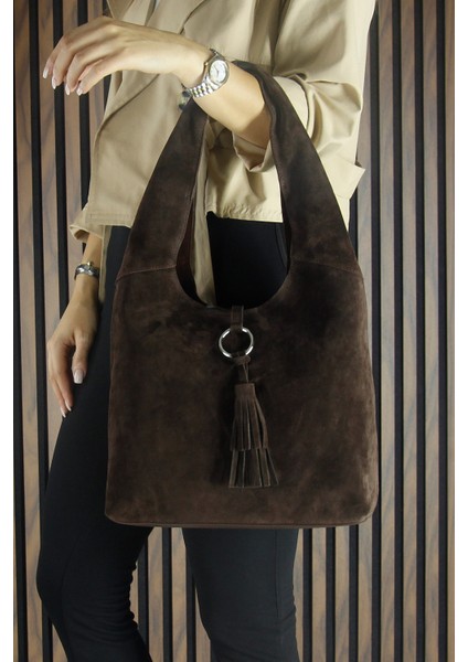 Kahve Hakiki Dana Süet Püsküllü Manyetik Kapaklı Orta Boy Günlük Omuz Çantası fırsatları