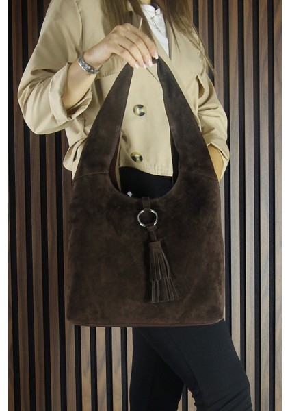 Kahve Hakiki Dana Süet Püsküllü Manyetik Kapaklı Orta Boy Günlük Omuz Çantası indirimleri